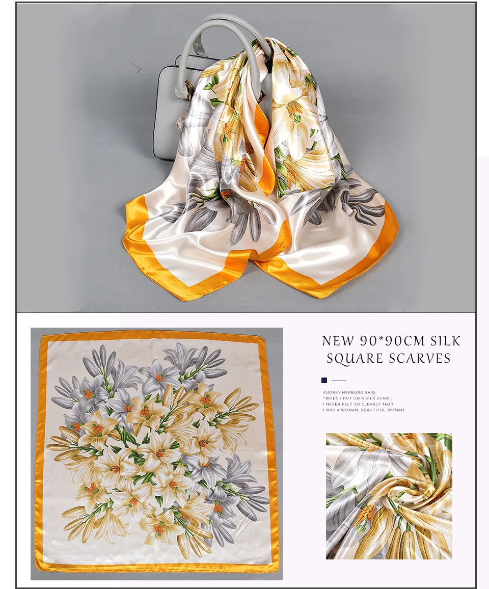 BYSIFA Fashionable Women’s Floral Print Satin Square Scarf – Stylish and Multifunctional for All Seasons