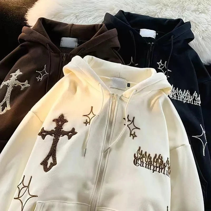 Streetwear Hooded Zip-Up Hoodie for Women – Printed Loose Fit Autumn/Winter Sweatshirt