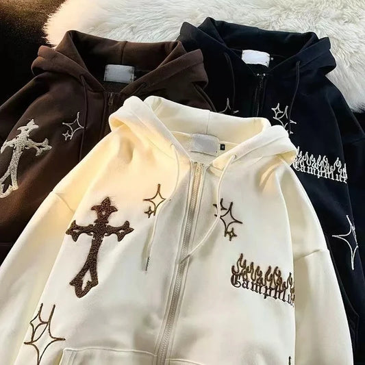 Streetwear Hooded Zip-Up Hoodie for Women – Printed Loose Fit Autumn/Winter Sweatshirt