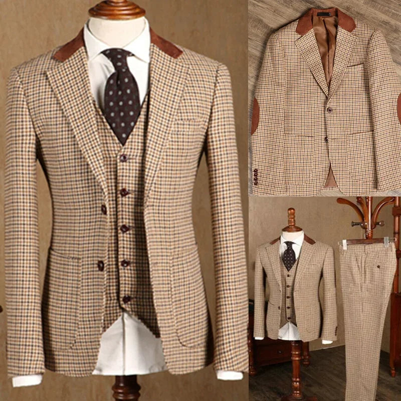 2021 Brown Classic Plaid Tweed Men Slim fit Groom Wedding Tuxedo Blazer Formal Business Jacket Vest Pants 3 Piece
