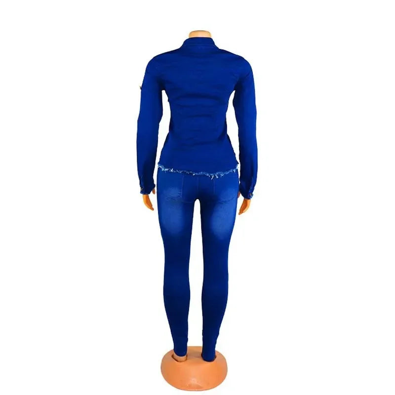 Wulend Casual Denim Two-Piece Set for Women - Solid Button-Front Turn-Down Collar Skinny Fit Jeans Suit