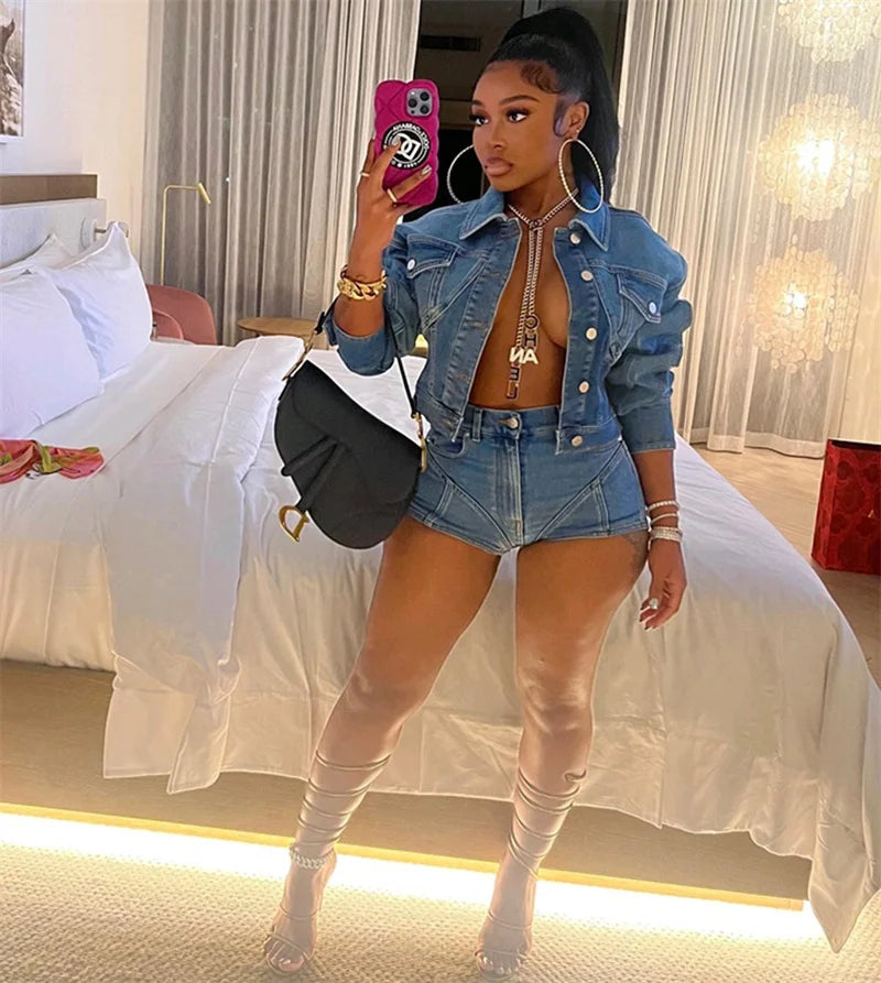Doyerl Women's 2-Piece Denim Shorts Set – Streetwear Fashion for Autumn/Winter