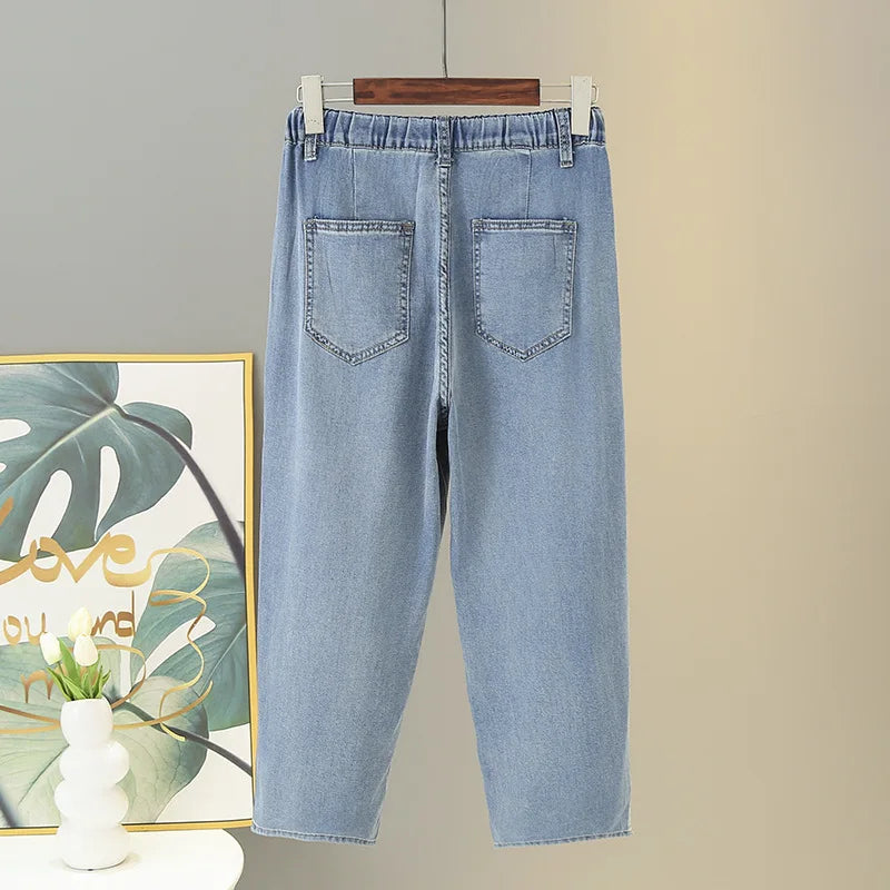 BISENMADE Women's High-Waist Slim Fit Stripe Harem Jeans with Pockets – Ankle-Length for Spring/Summer