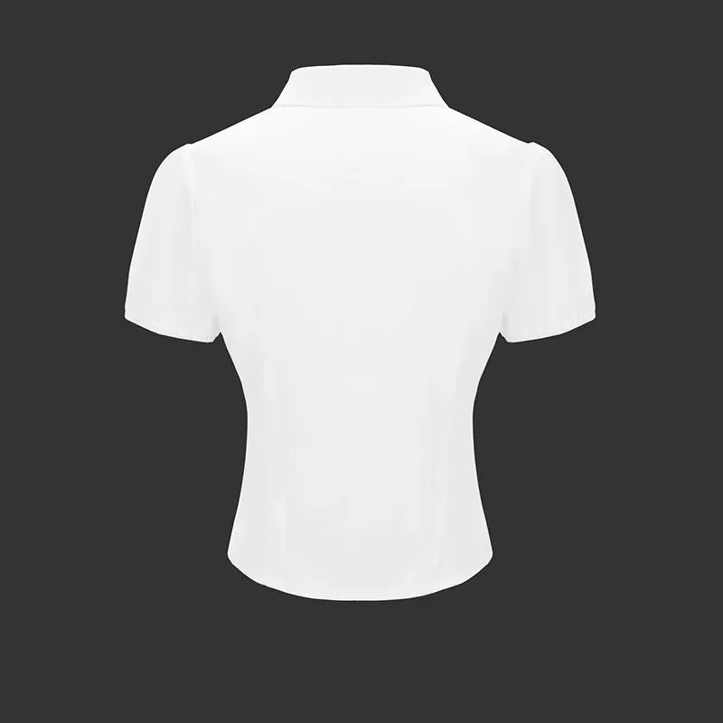 VYTB Women's Slim Fit Button-Up Tee – Turn-Down Collar, Short Sleeve, Summer Club Style