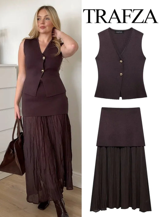 TRAFZA Women’s V-Neck Pleated Maxi Dress – Ankle-Length with Decorative Buttons for Autumn/Winter