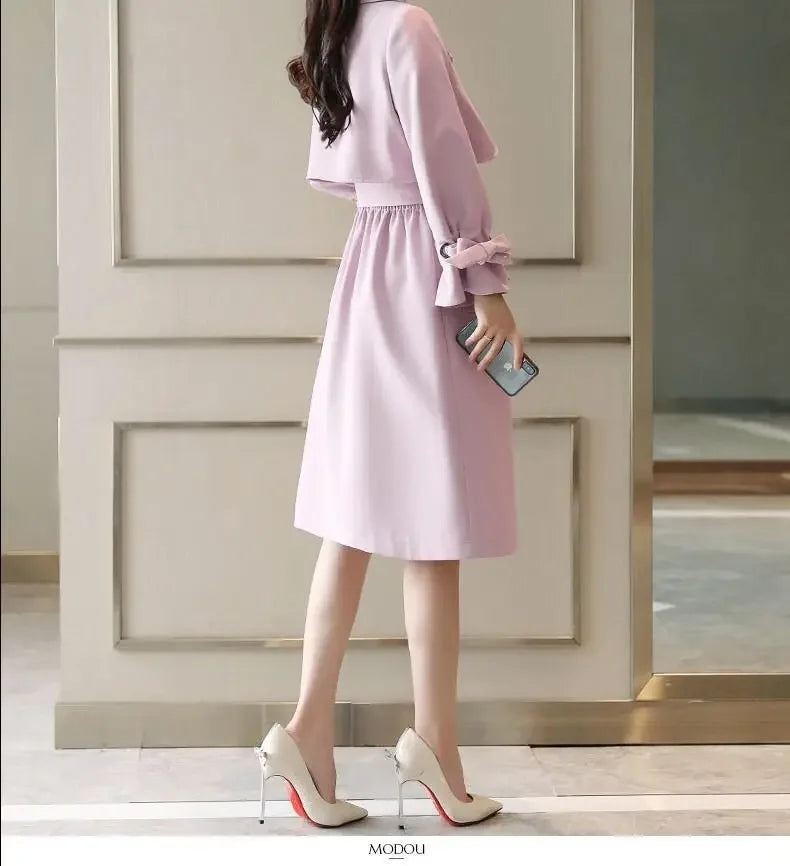 NoEnName_Null Women's Preppy Style Double-Breasted Trench Coat with Ruched and Spliced Details