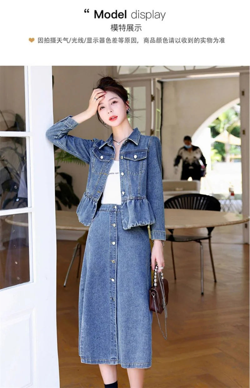 huapang-lsl Women's Office Lady A-Line Denim Dress – Knee-Length with Turn-Down Collar