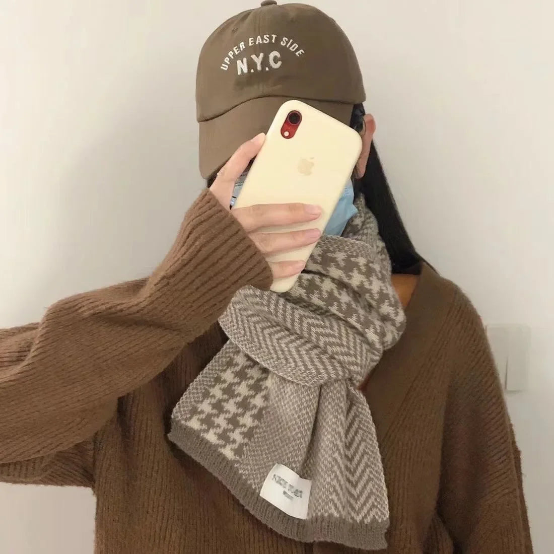 NoEnName_Null Women Fashion Scarf, Hat & Gloves Set Geometric Pattern, Cotton & Acetate Blend