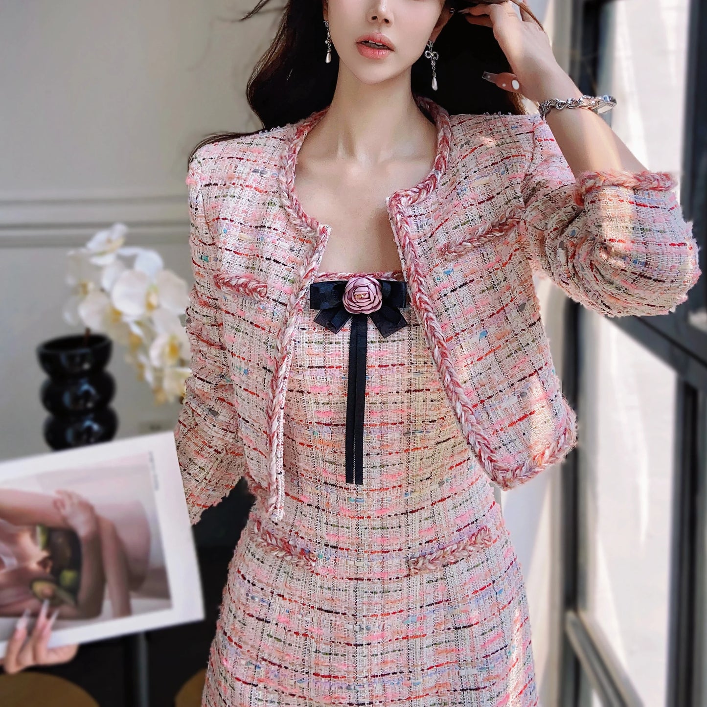 Dabuwawa Women's England Style Plaid A-Line Dress with Tassel, Button, and Patchwork Details – Autumn/Winter Collection