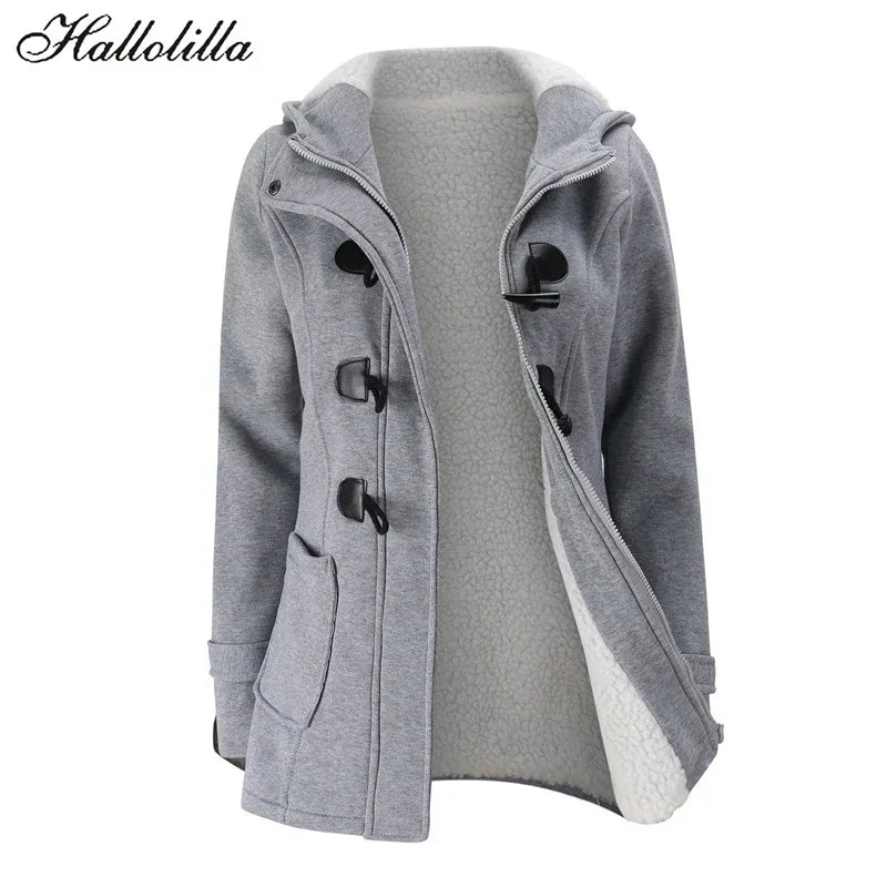 Hallolilla Women's Hooded Zip-Up Fleece Sweatshirt – Casual Loose Fit for Winter