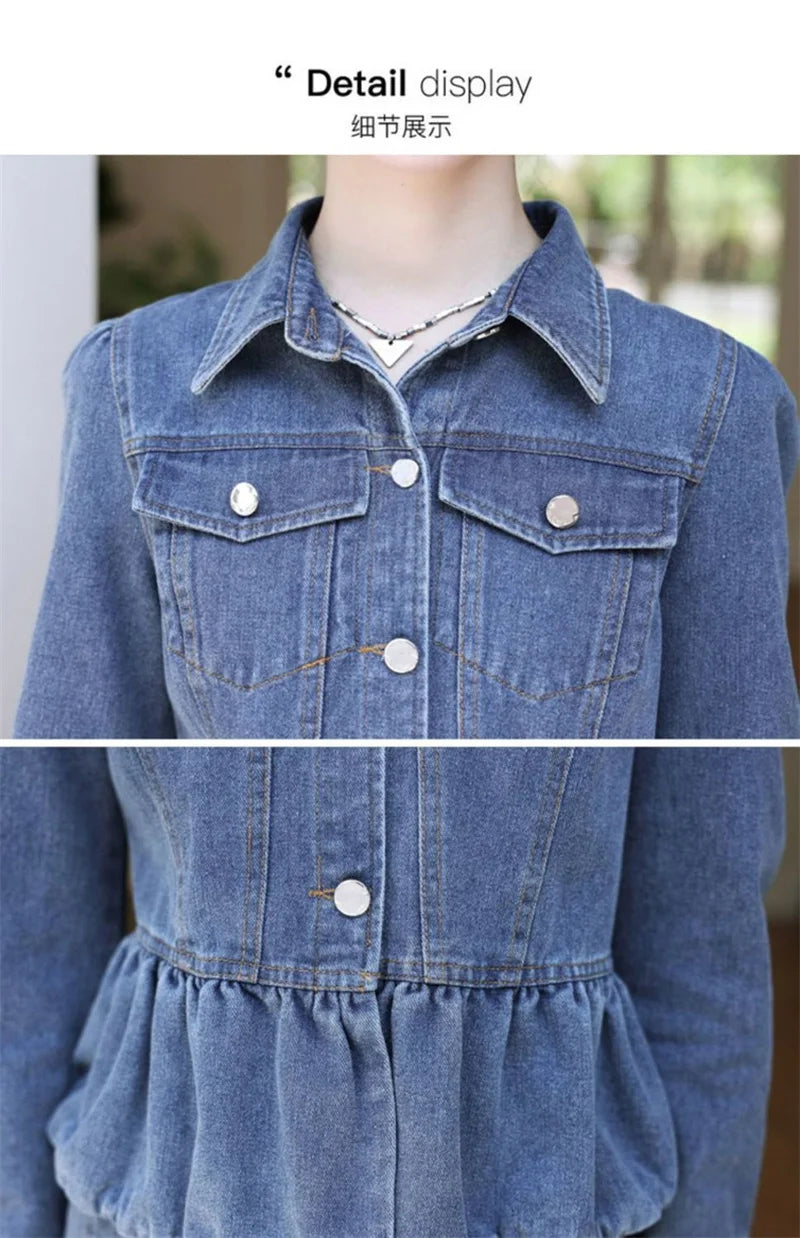 huapang-lsl Women's Office Lady A-Line Denim Dress – Knee-Length with Turn-Down Collar