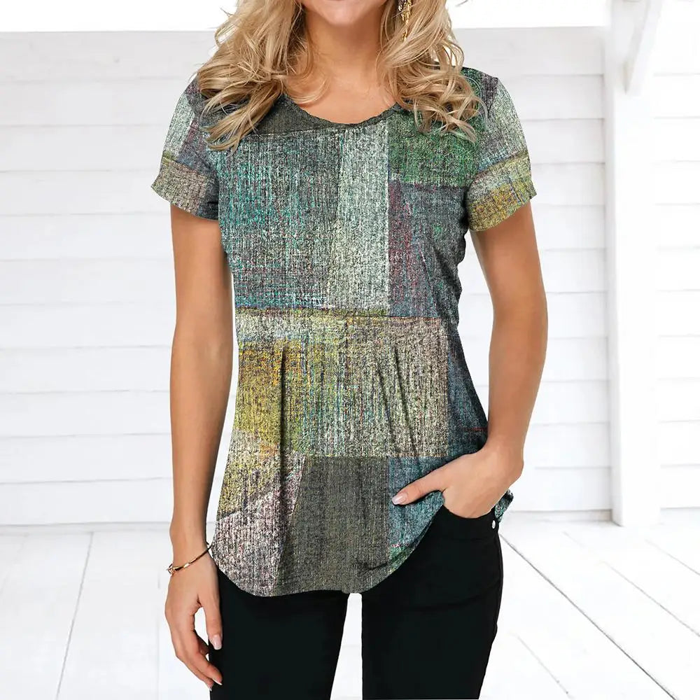 NoEnName_Null Women’s 3D Print Patchwork T-Shirt – Casual American Retro O-Neck Short Sleeve Top