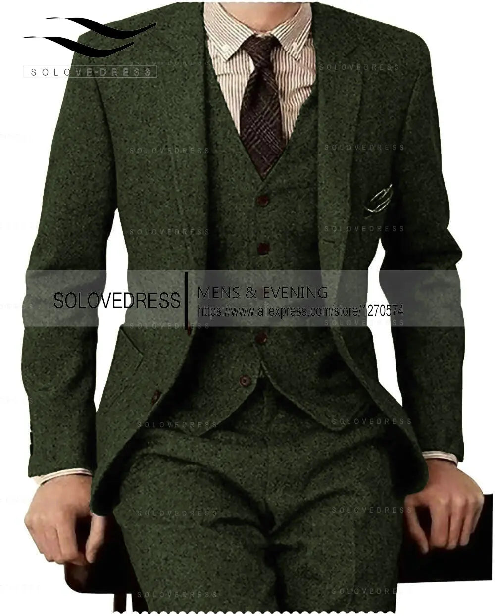 Brown Tweed Men 3 Pieces Formal Business Gentle-Mens Groom Wedding Dress Blazer Suits(Jacket+Pants+Vest)