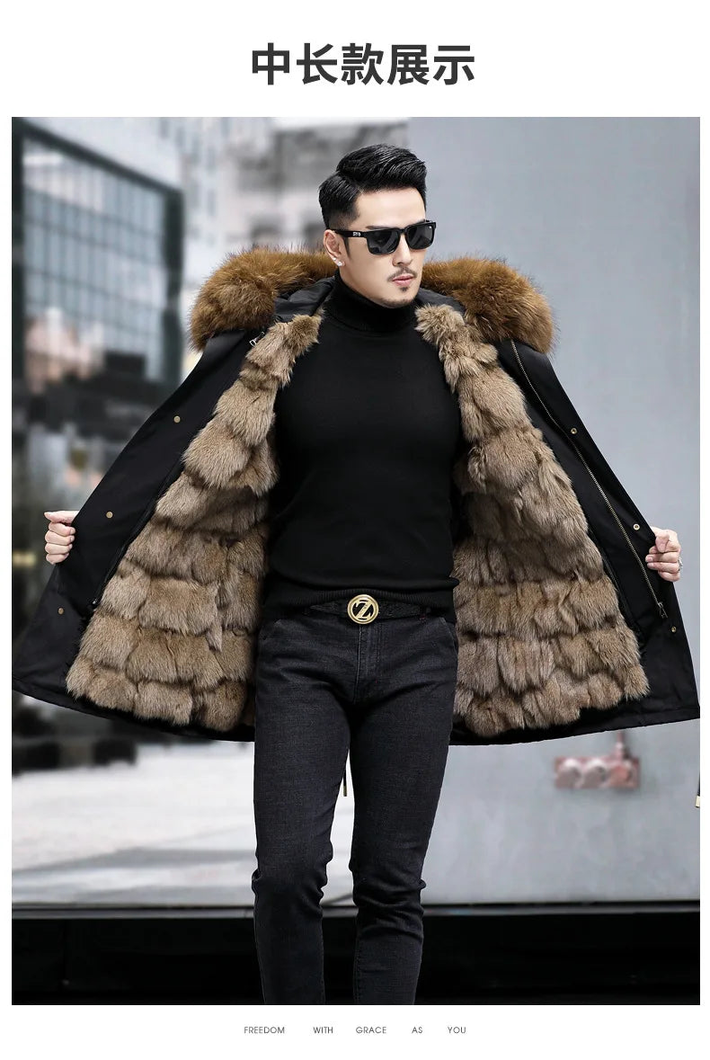 FURTJY Men's High Street Winter Coat – Real Fox Fur Lining, Raccoon Fur Collar, Zipper Closure, Casual Slim Fit