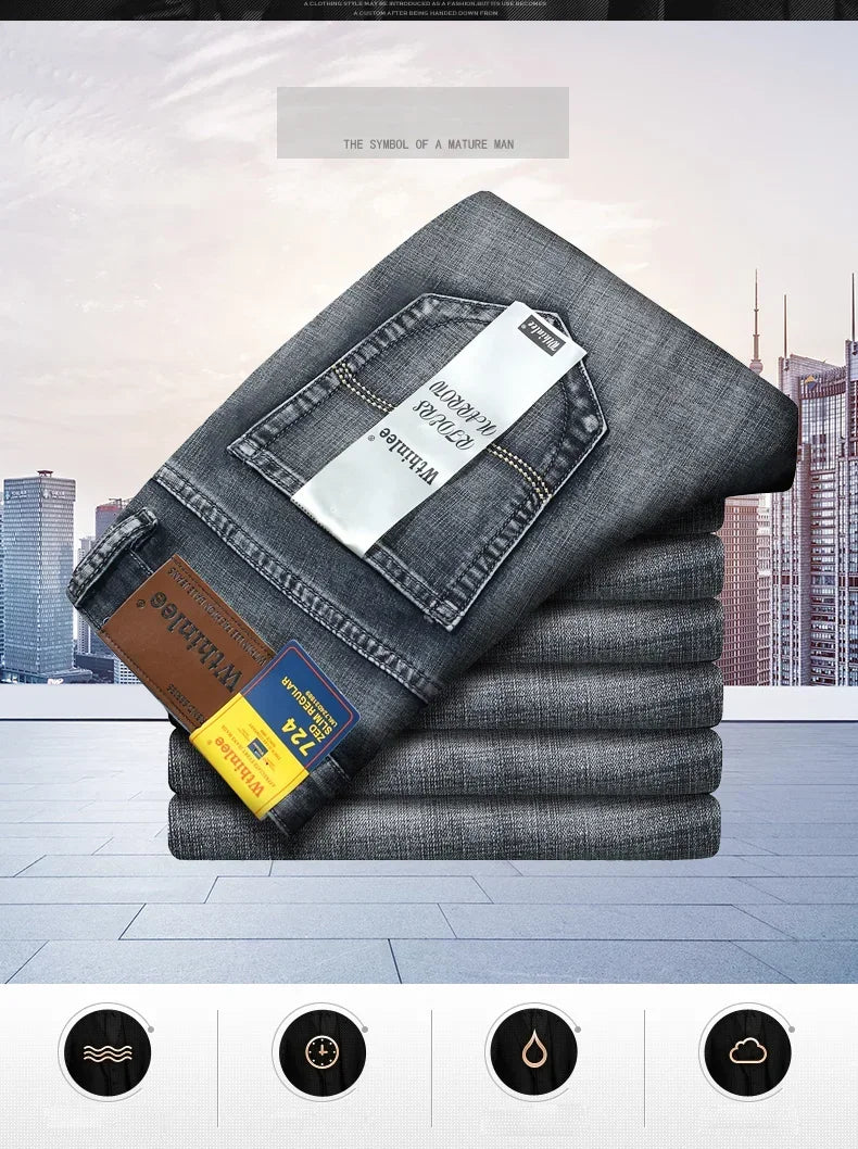 WTHINLEE Men's Smart Casual Mid-Waist Denim Jeans - Straight Fit, Full-Length, Midweight