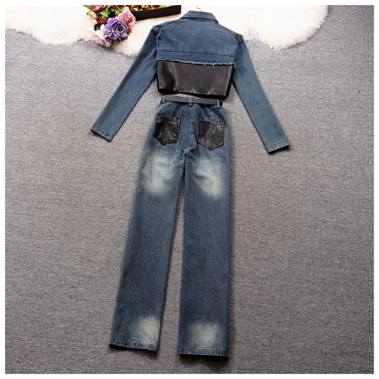 Amolapha Women’s Casual Denim Patchwork Set - High Waist, Wide Leg Pants with Turn-Down Collar (Spring/Summer 2023)