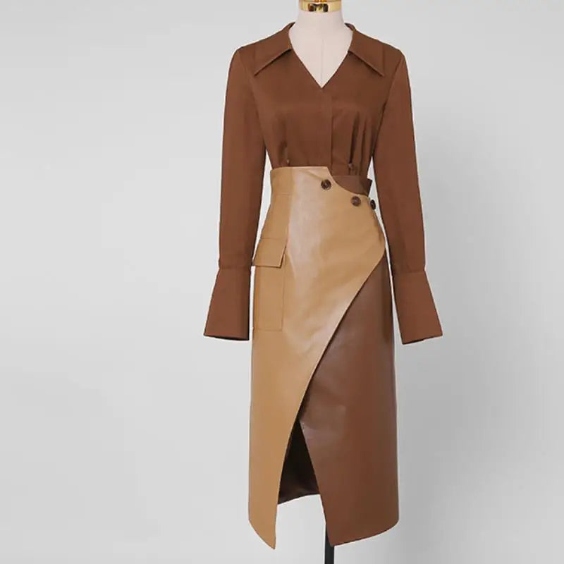 Orgreeter Women’s Office Lady Faux Leather Print Pencil Dress - Autumn/Winter Turn-Down Collar Dress