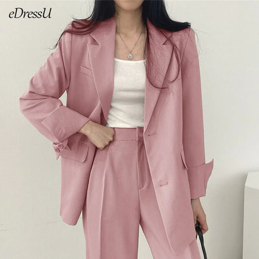 eDressU Women's Casual High-Waist Wide Leg Pant Suit - Full Length, Loose Fit, Shawl Collar, Pockets, All-Season Polyester