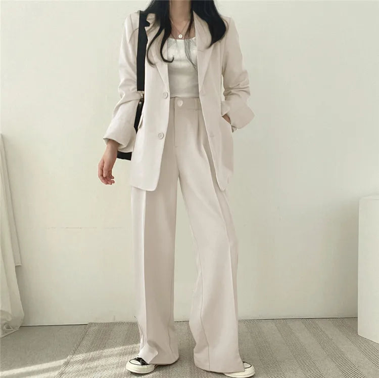 eDressU Women's Casual High-Waist Wide Leg Pant Suit - Full Length, Loose Fit, Shawl Collar, Pockets, All-Season Polyester