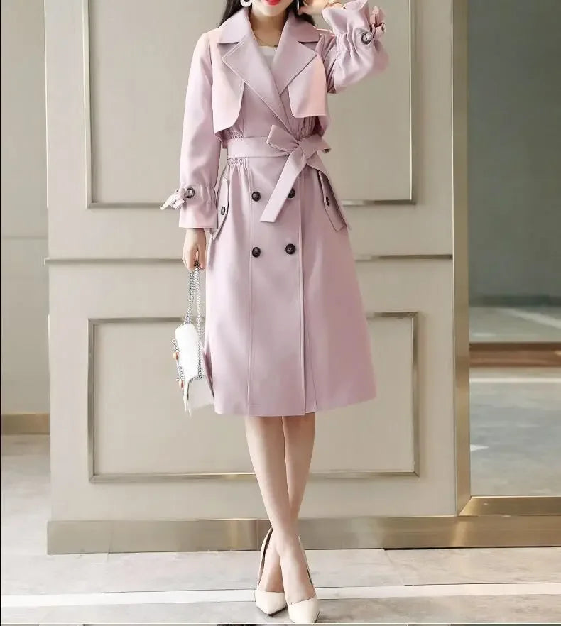 NoEnName_Null Women's Preppy Style Double-Breasted Trench Coat with Ruched and Spliced Details