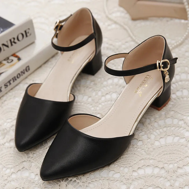 YZZJALK Women's Pointed Toe Pumps with Square Heel & Buckle Strap - Office Lady Style