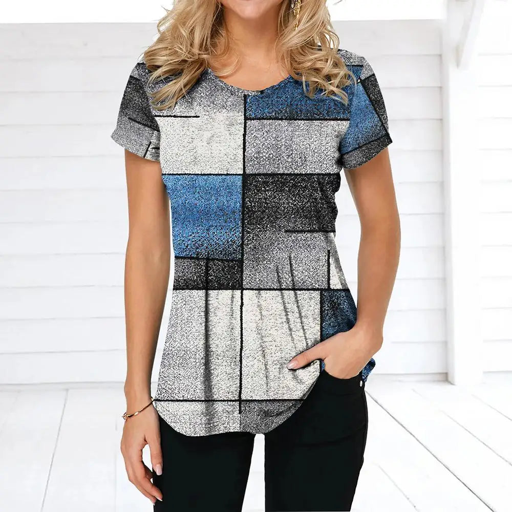 NoEnName_Null Women’s 3D Print Patchwork T-Shirt – Casual American Retro O-Neck Short Sleeve Top