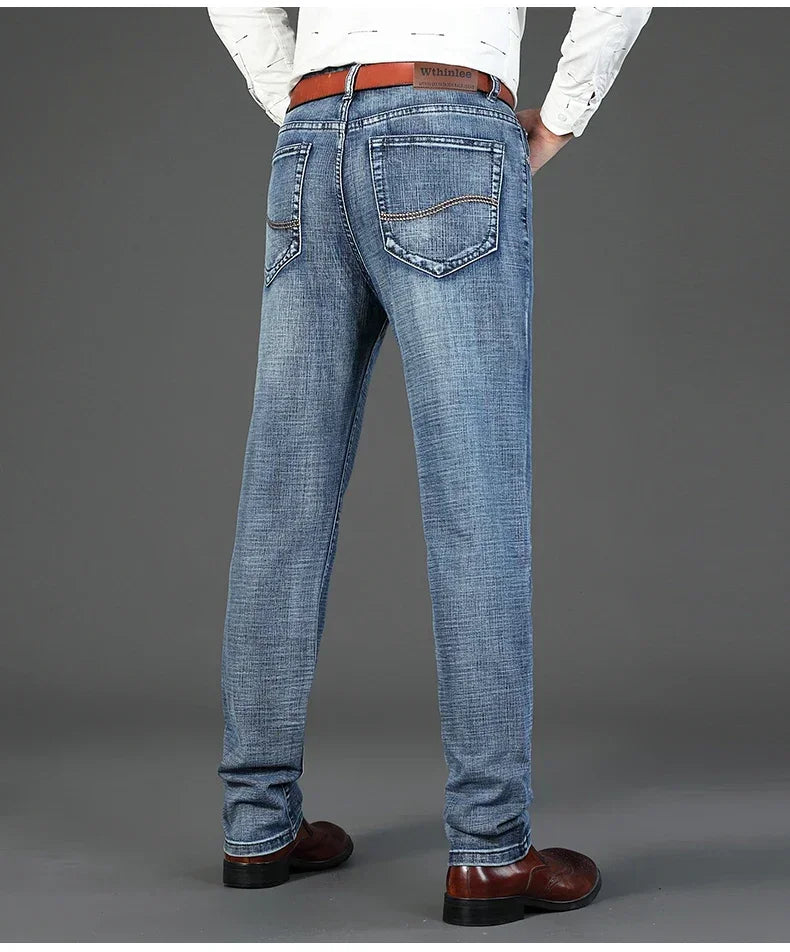 WTHINLEE Men's Smart Casual Mid-Waist Denim Jeans - Straight Fit, Full-Length, Midweight