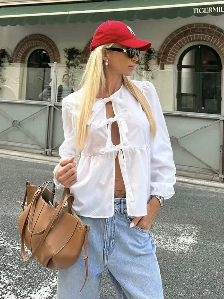ASDS Women's Vintage Ruffled O-Neck Loose Fit Long Casual Shirt – Puff Sleeve, Single Breasted, Polyester Broadcloth
