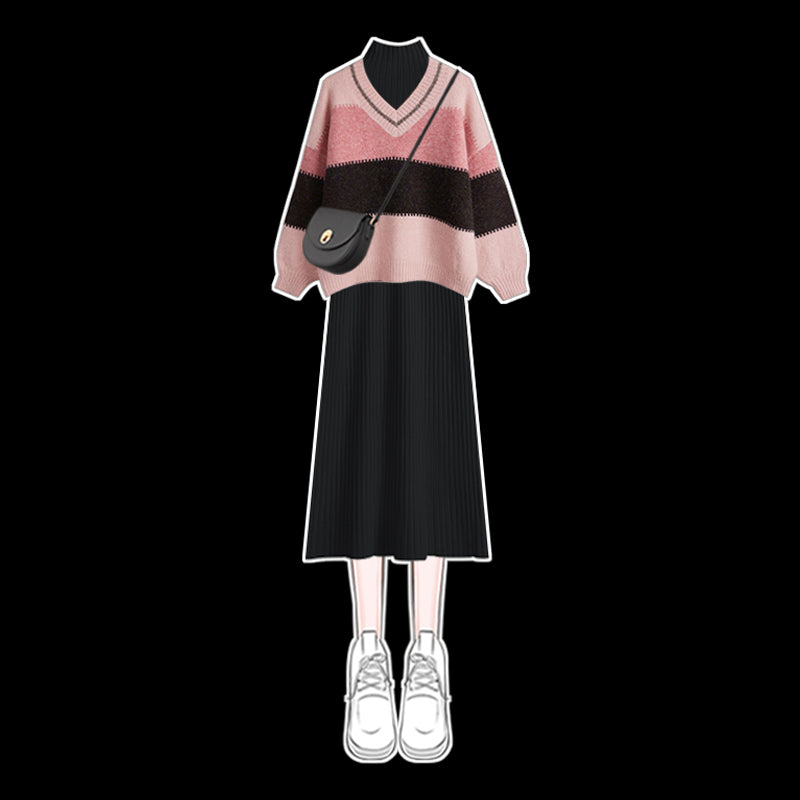 Women’s Casual V-Neck A-Line Sweater Dress Set – Autumn/Winter Geometric Knit Dress