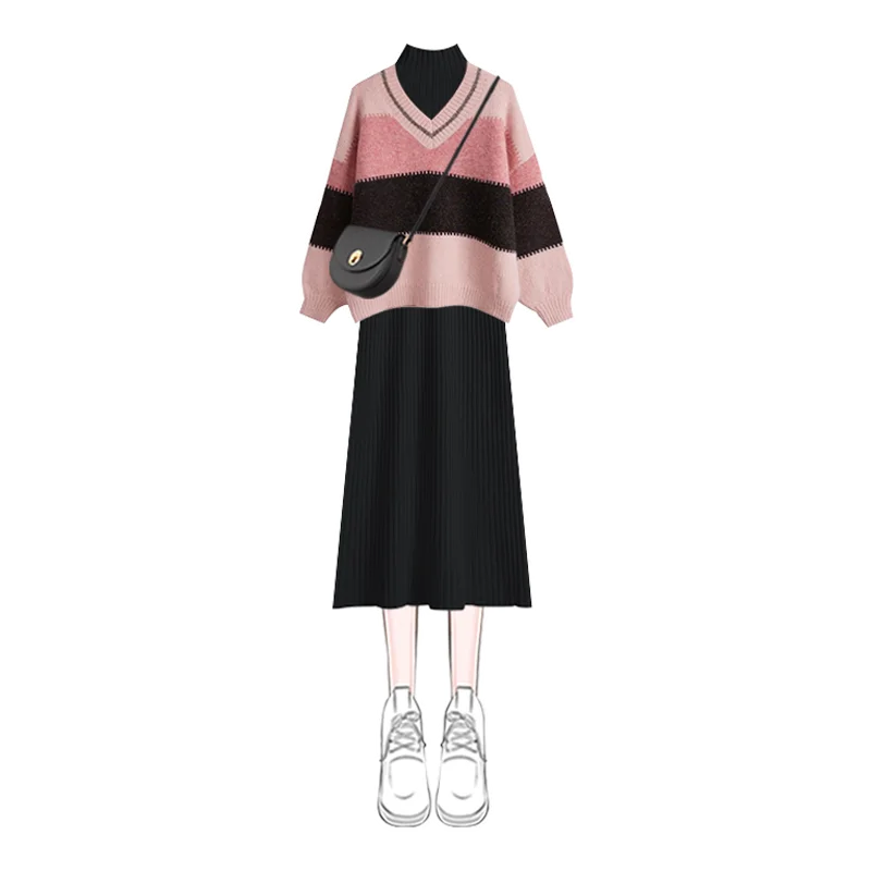 Women’s Casual V-Neck A-Line Sweater Dress Set – Autumn/Winter Geometric Knit Dress