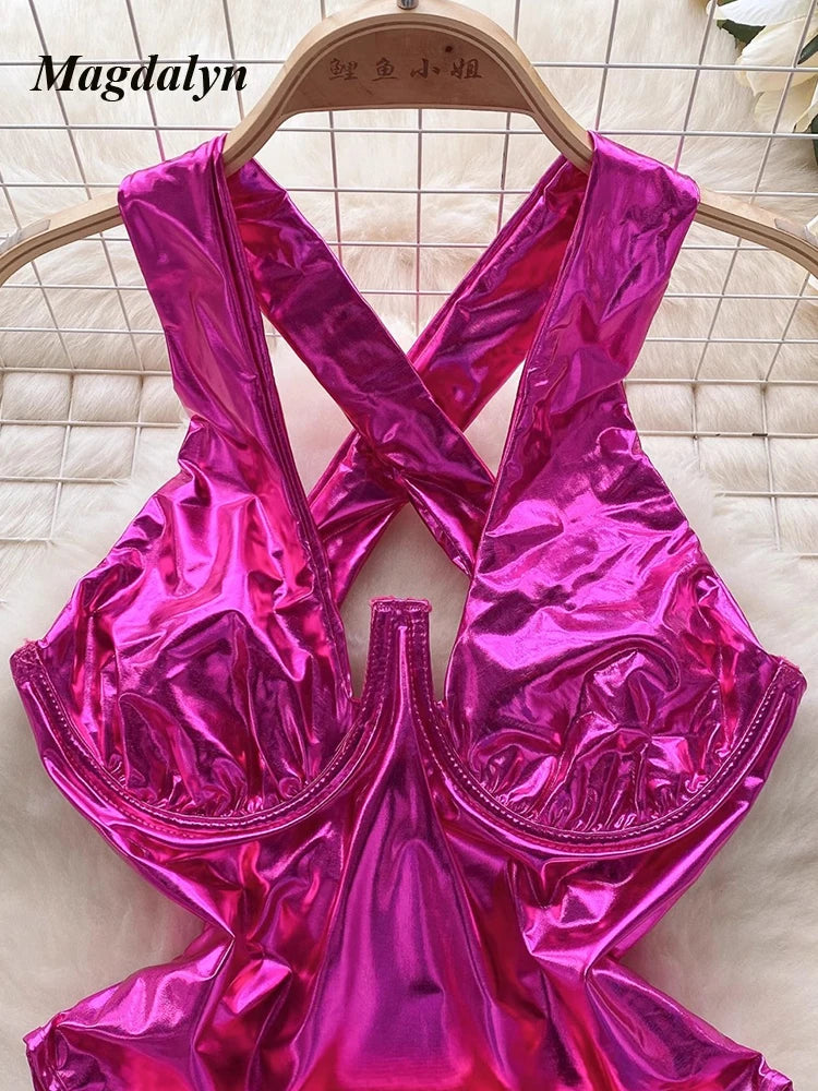 Magdalyn Women’s Sexy High-Waist Skinny Bodysuit a Solid Coated Cloth Romper for All Seasons