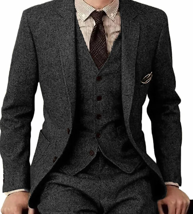 Brown Tweed Men 3 Pieces Formal Business Gentle-Mens Groom Wedding Dress Blazer Suits(Jacket+Pants+Vest)