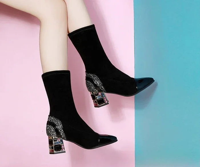 Shangkaka Women's Mid-Calf Sock Boots – Crystal Detailing, Pointed Toe, High Square Heel