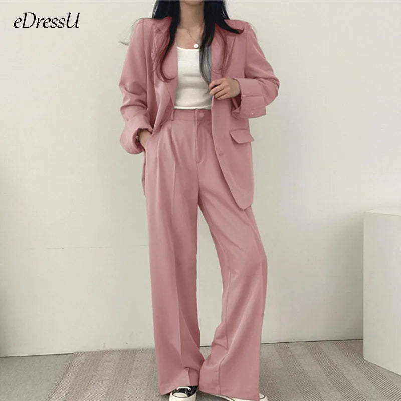 eDressU Women's Casual High-Waist Wide Leg Pant Suit - Full Length, Loose Fit, Shawl Collar, Pockets, All-Season Polyester