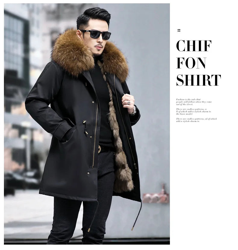 FURTJY Men's High Street Winter Coat – Real Fox Fur Lining, Raccoon Fur Collar, Zipper Closure, Casual Slim Fit
