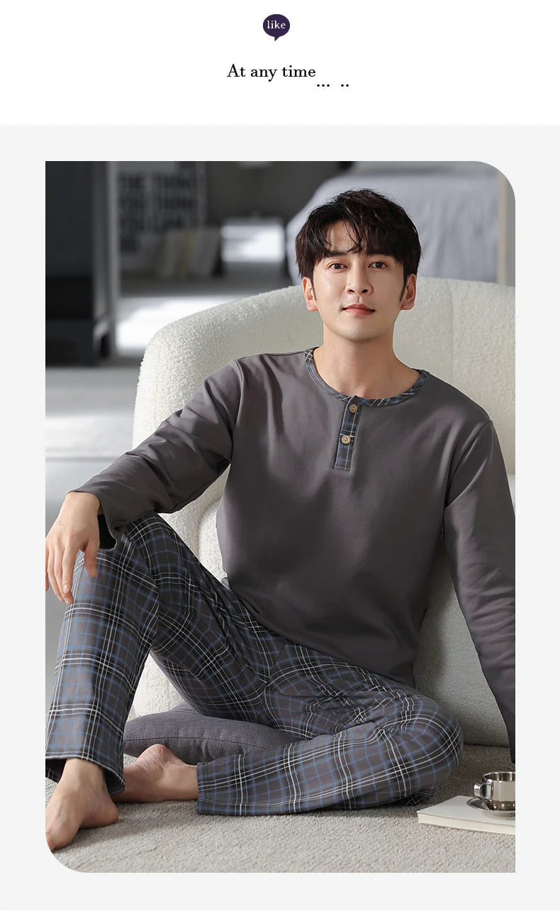 Elegant Man's Pajamas Loungewear 2023 Autumn Winter New Big Size 3xl 4xl Knitted Cotton Sleepwear Fashion Lounge Set Nightwear