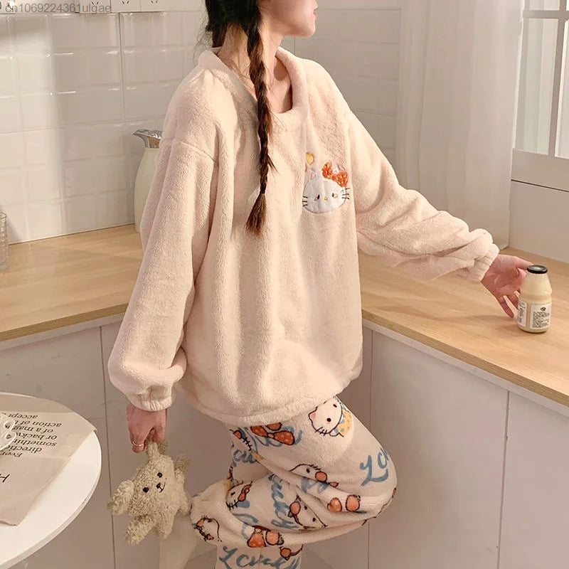 MINISO Korean Style Women's Autumn/Winter Hello Kitty Cartoon Fleece Pullover & Ankle-Length Sleepwear Set
