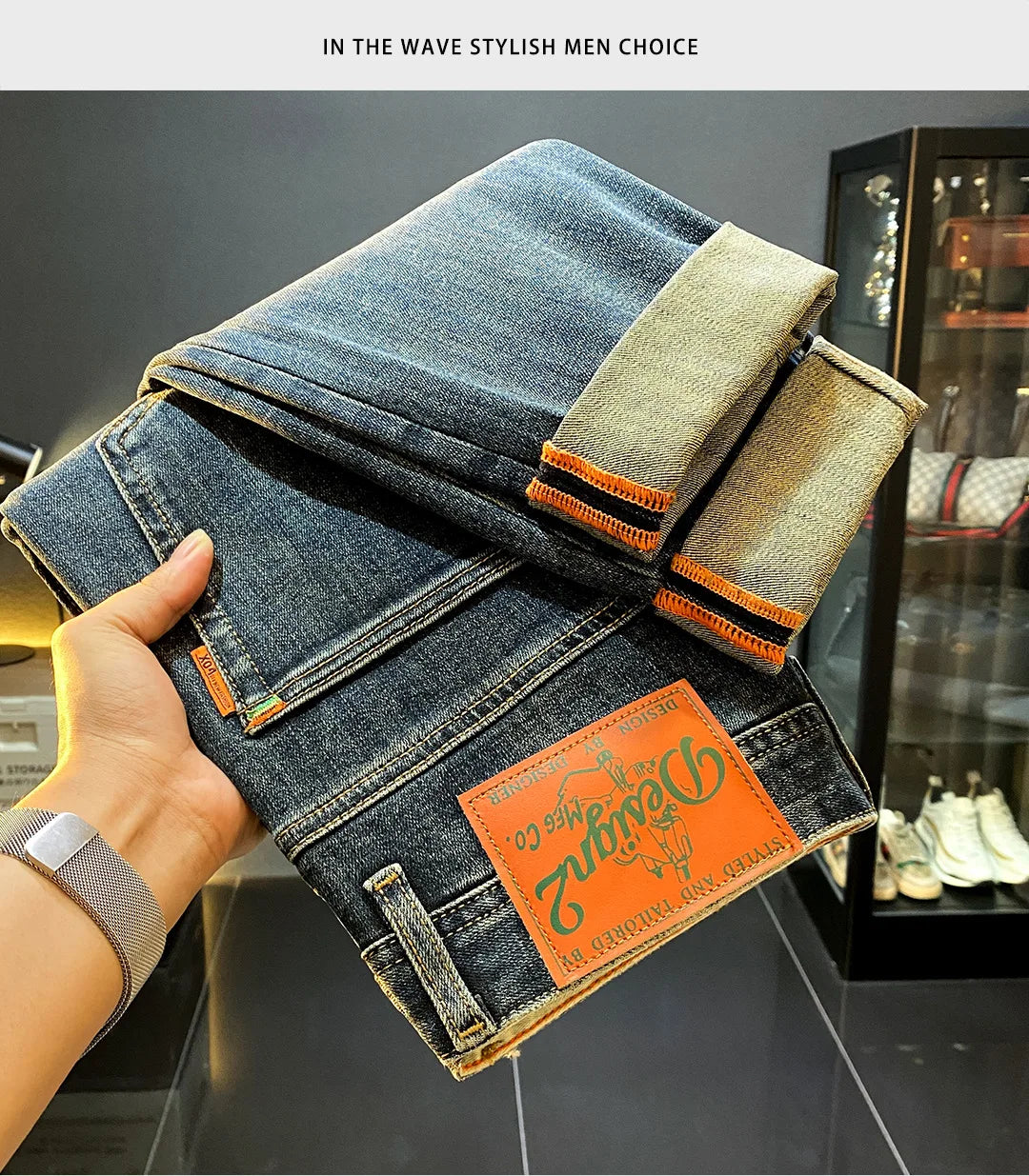 MXKSKV Men’s Slim Fit Straight-Leg Jeans. Distressed Stonewashed Denim with Badge Detail