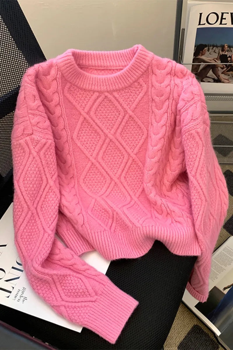 LEOSOXS Women’s Sweet High Street Wool Pullover – Autumn/Winter Solid O-Neck Sweater in Pink