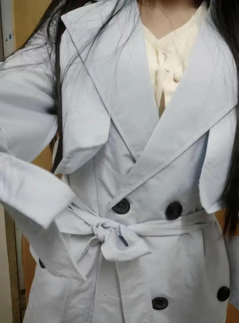 NoEnName_Null Women's Preppy Style Double-Breasted Trench Coat with Ruched and Spliced Details