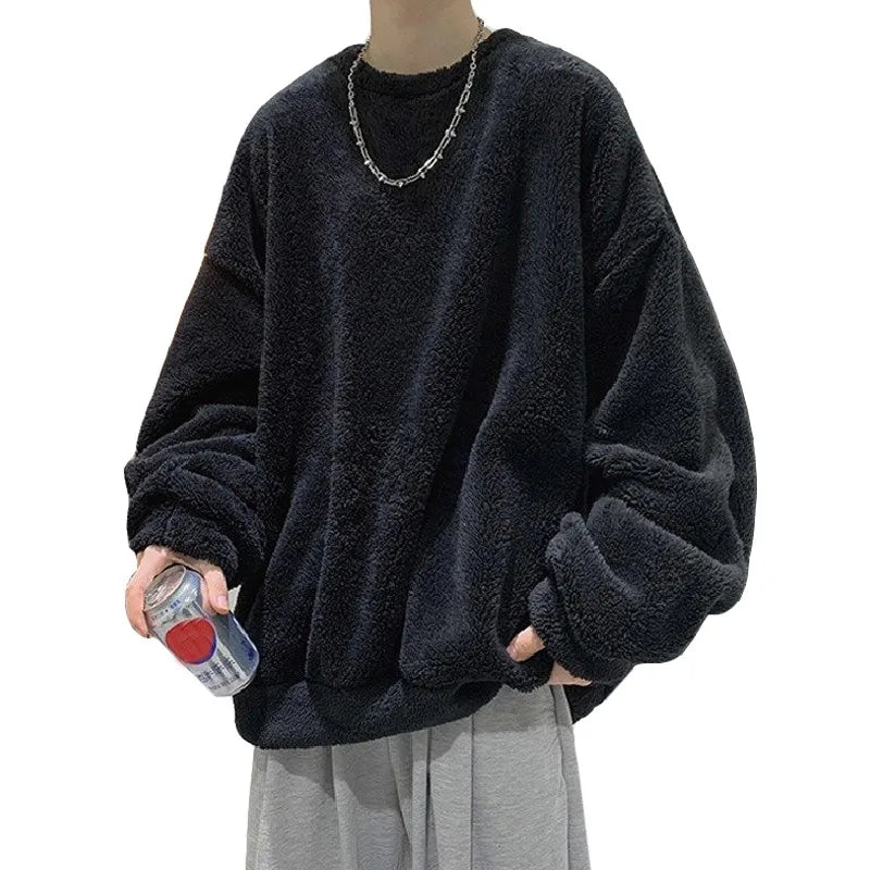 Zuolunouba Men's Solar System Sweatshirt – Casual Solid Color O-Neck with Wool Liner for Autumn & Winter