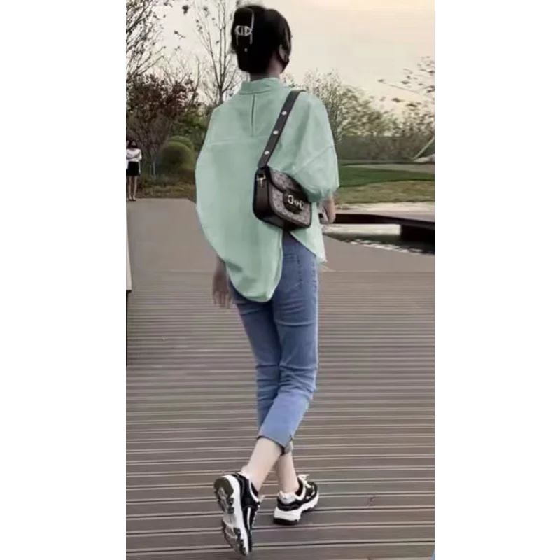 NoEnName_Null Women's Loose Fit Casual Shirt – Turn-down Collar Batwing Sleeve Cardigan