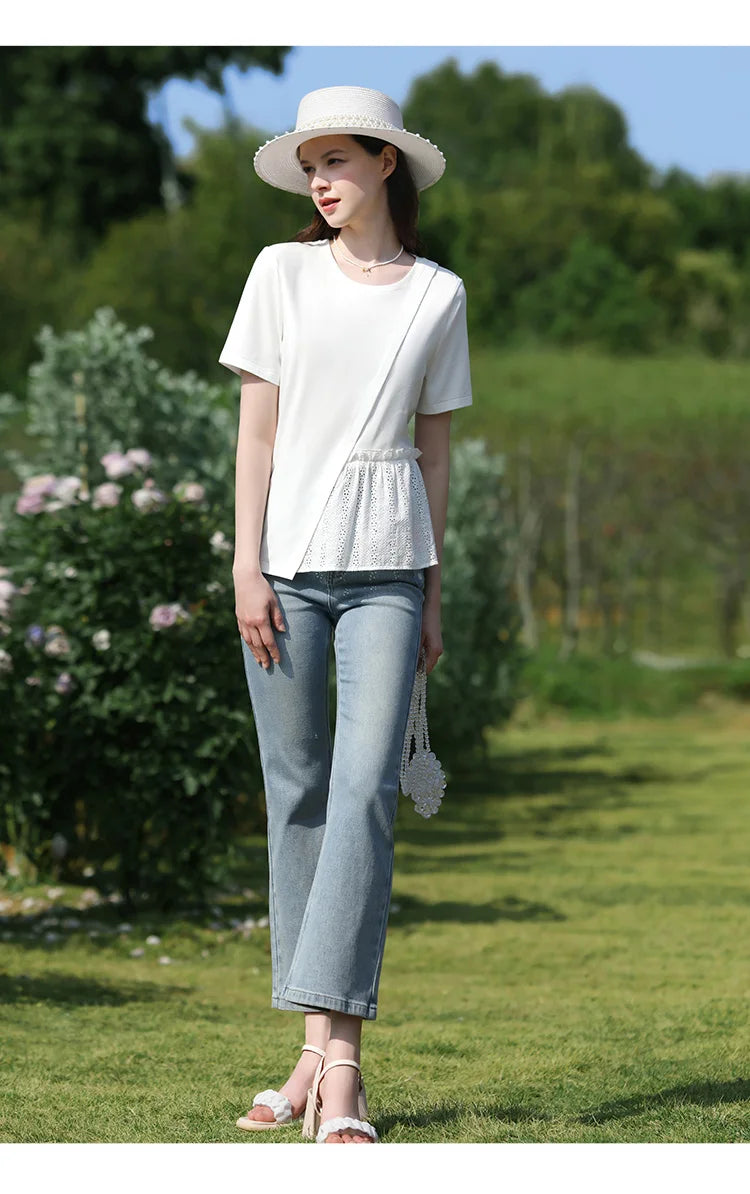 Summer New T-shirts For Women 2024 Spliced Hollow Out Pleated Short-sleeve Casual Fashion Female Blouse 2242015652