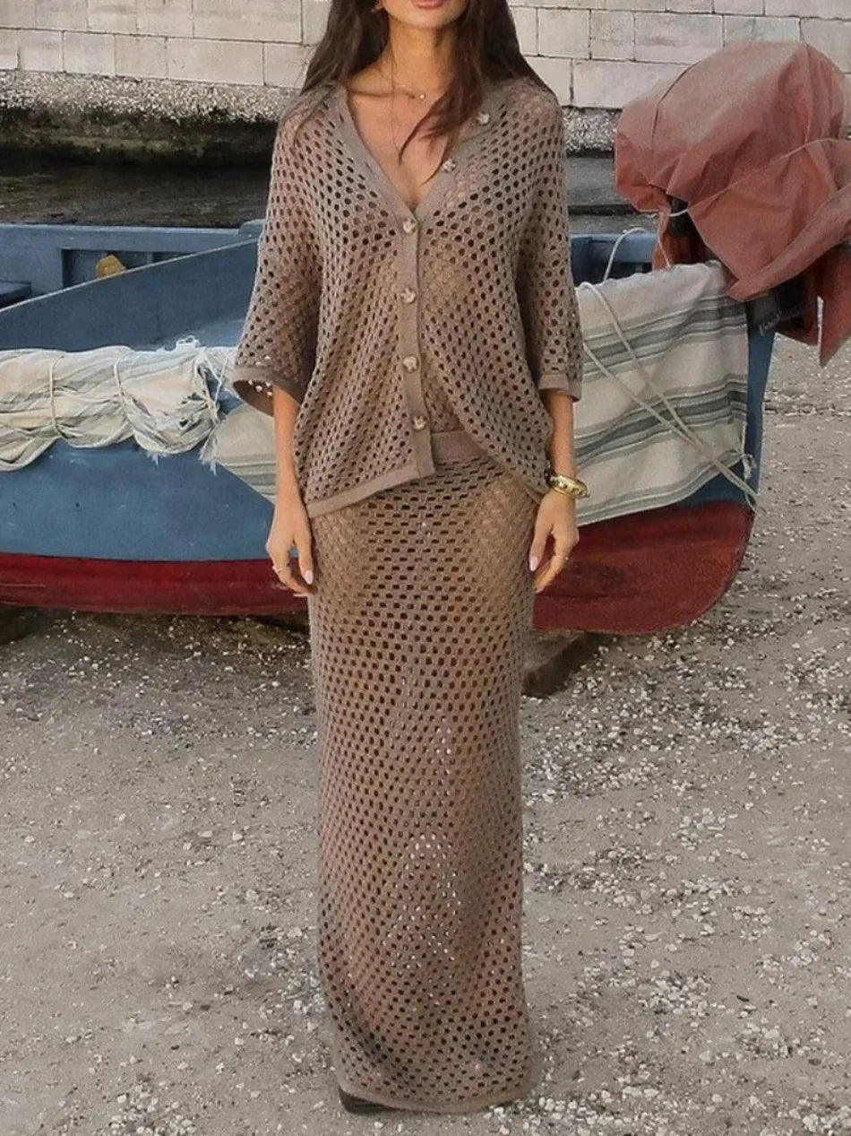 Sellysea Women’s Casual Two-Piece Skirt Set – Hollow Out Button-Up Blouse with Long Skirt | Spring/Summer 2025 Collection