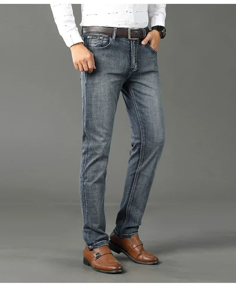 WTHINLEE Men's Smart Casual Mid-Waist Denim Jeans - Straight Fit, Full-Length, Midweight