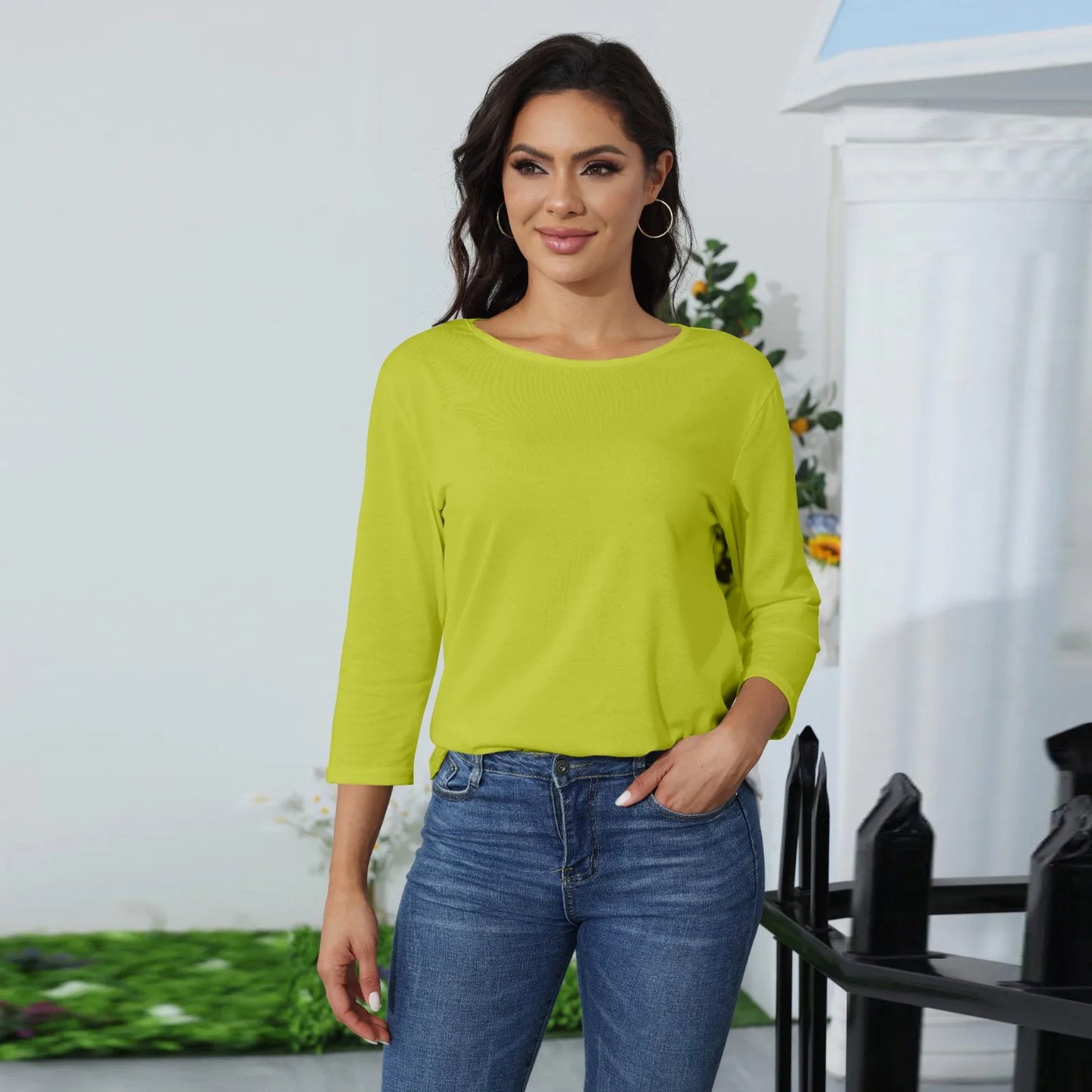Women's Summer T-Shirts 2024 Fashion Casual Everyday Versatile O-Neck 3/4 Length Sleeve Tops Solid Color T-Shirt Tops Plus Size
