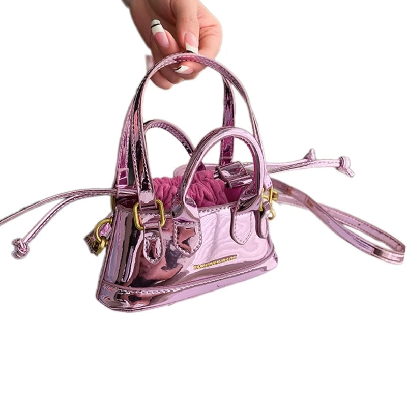 Prettyzys Lacquered Mini Shoulder Bag - Fashionable Drawstring Handheld Crossbody