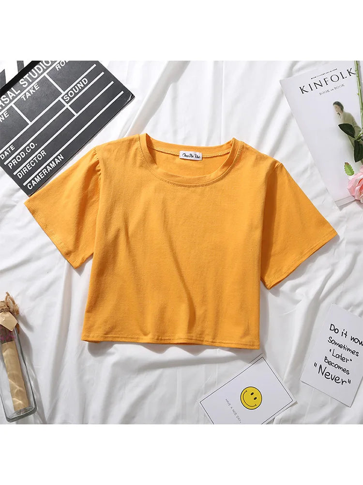 Summer Short Sleeve T Shirts Women  Solid O Neck High Waist Crop Top Tee Female Casual Loose T Shirt