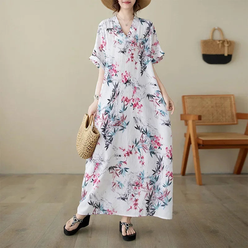 Boho Floral Cotton-Linen Summer Dress for Women – Ankle-Length, Loose Fit, O-Neck