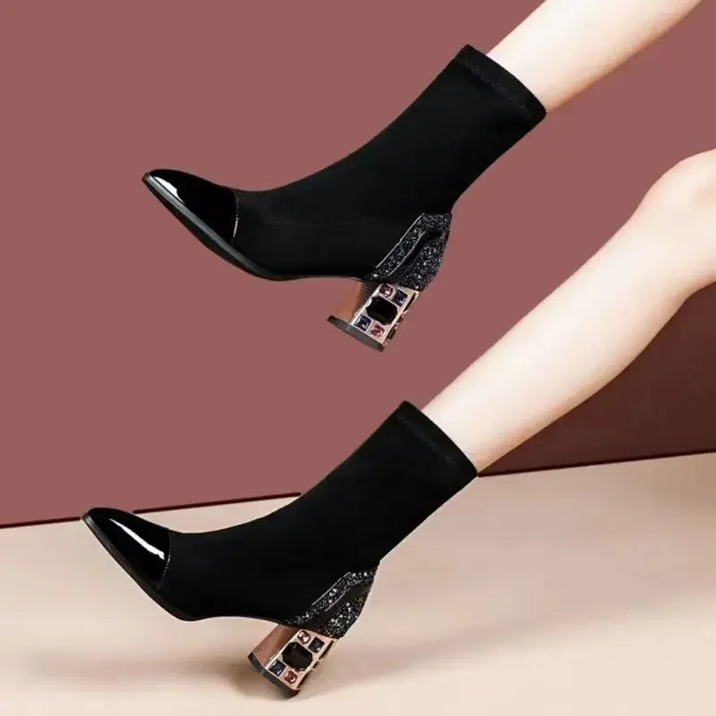 Shangkaka Women's Mid-Calf Sock Boots – Crystal Detailing, Pointed Toe, High Square Heel